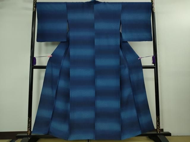 平和屋本店▽極上　首里　ロートン織　道屯織　単衣　本藍　変わり市松　逸品　未使用　DZAB3599kh6 平和屋本店▽極上 首里 ロートン織 道屯織 単衣 本藍 変わり市松 逸品