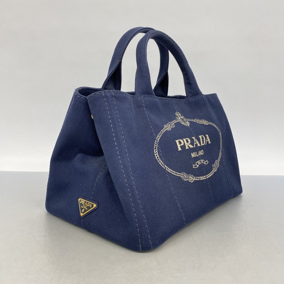 6ab1285】プラダ トートバッグ カナパ キャンバス ネイビー ゴールド