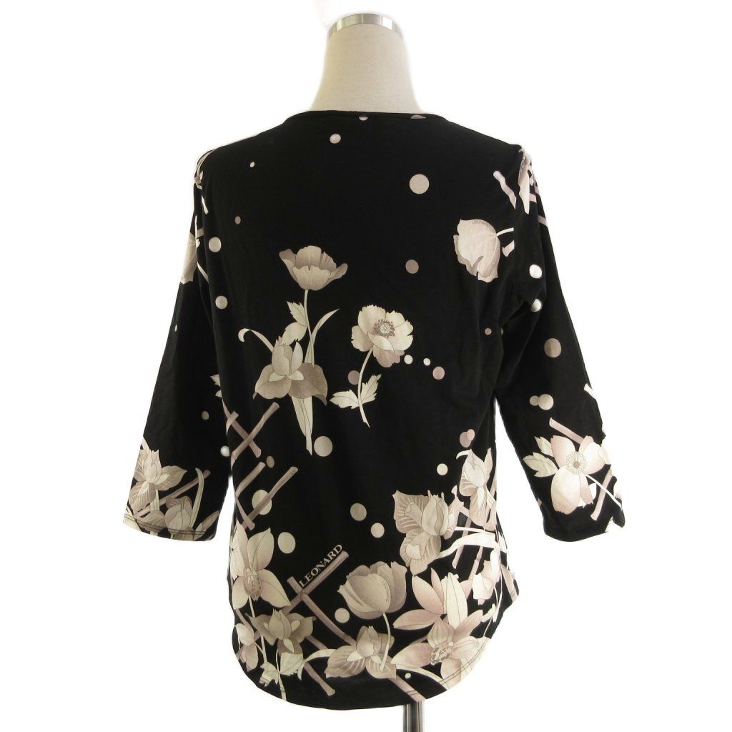 美品 レオナール カットソー トップス ハイネック 花柄 ブラック 40 L LEONARD レオナール ハイネックトップス サイズL ブラック×ホワイト