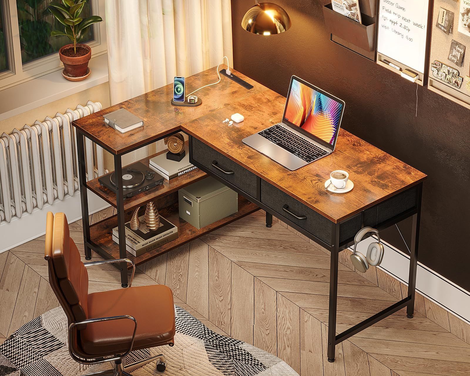 AODK パソコンデスク 引き出し2杯付き ゲーミングデスク コンセント付き l字デスク デスク 机 幅100 pcデスク 棚付き 勉強机 収納 desk 在宅勤務 ?? 仕事用 組立簡単 ビンテージ