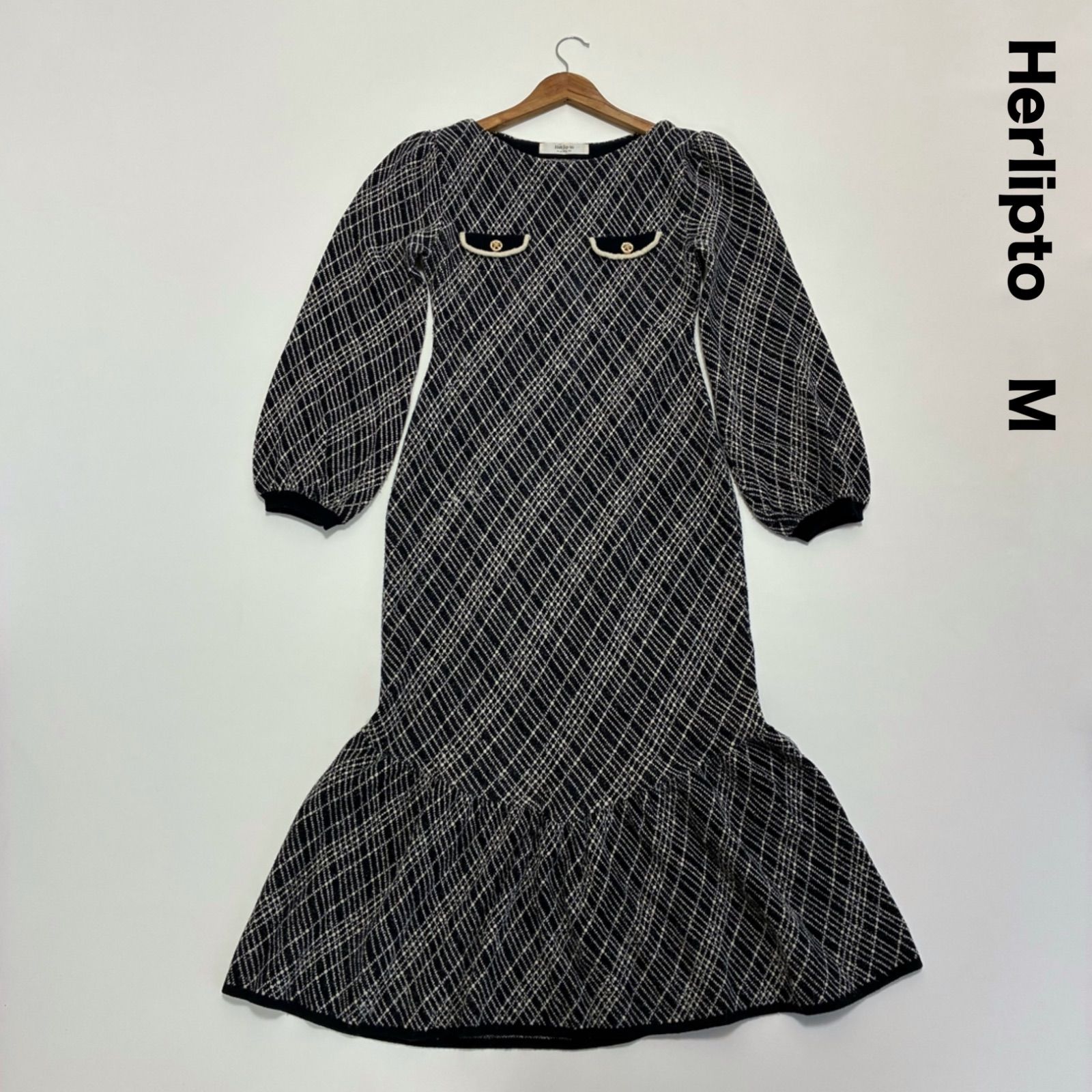 ワンピース Herlipto Vosges Jacquard Knit Dress M Herlipto ハーリップトゥ☆Vosges Jacquard Knit Dress M ネイビー
