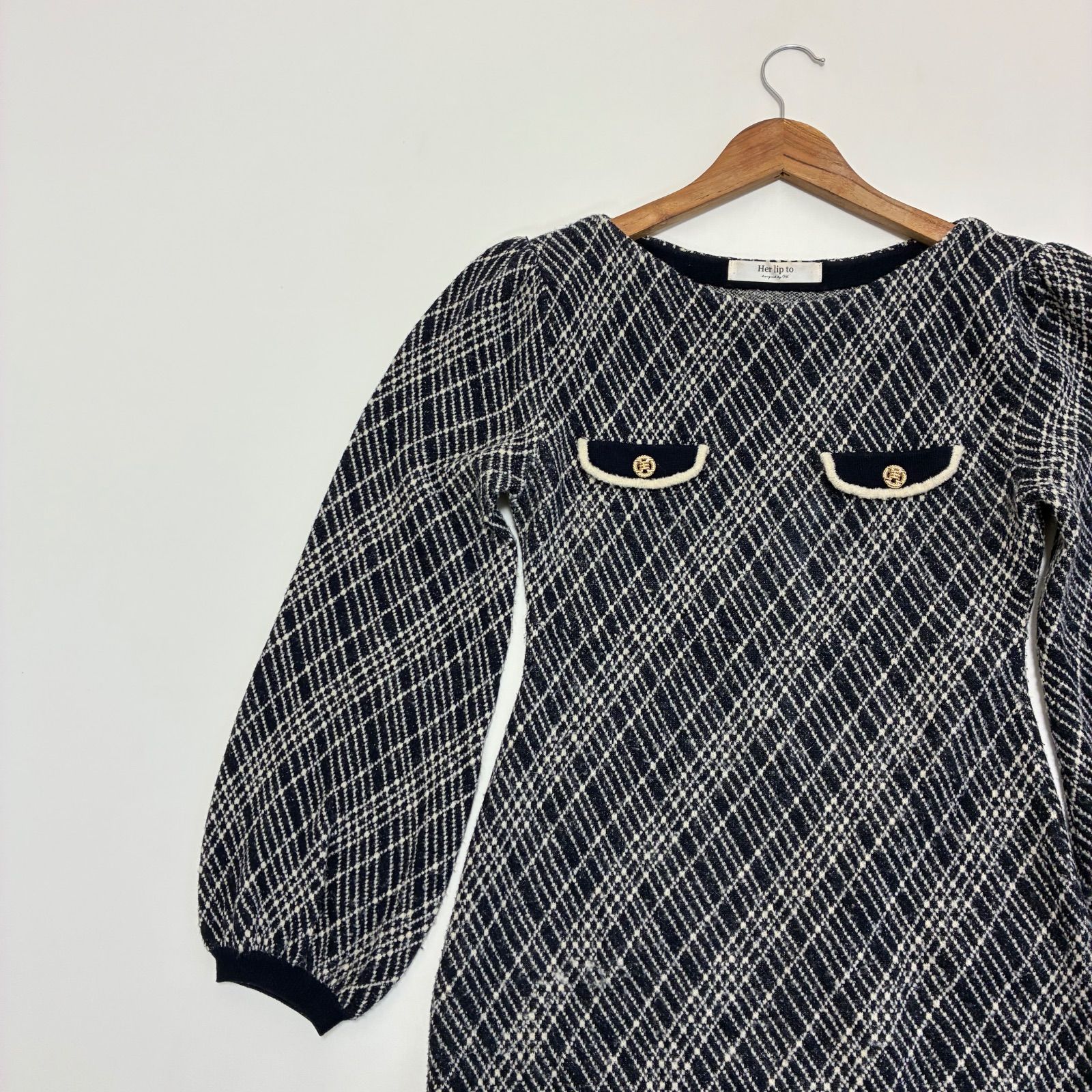 ワンピース Herlipto Vosges Jacquard Knit Dress M Herlipto ハーリップトゥ☆Vosges Jacquard Knit Dress M ネイビー