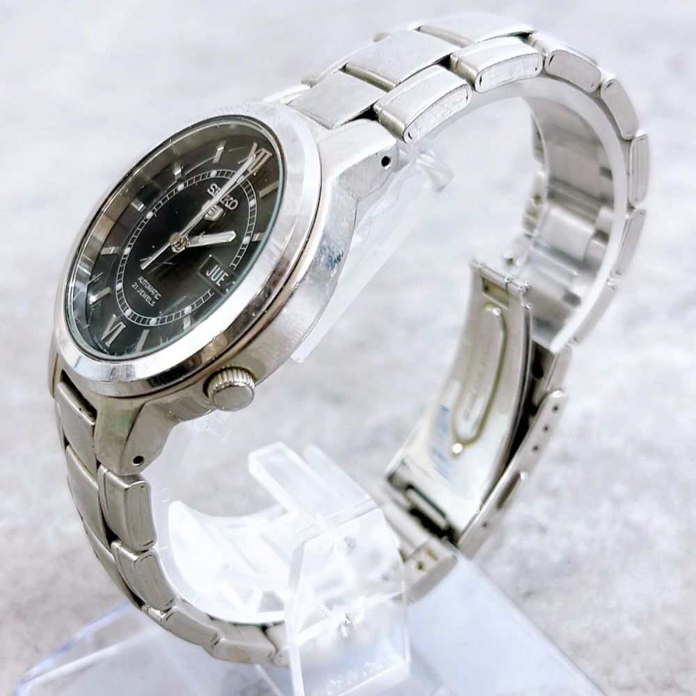  H 475 SEIKO セイコー 5 自動巻き 腕時計 7S26 02N0 シルバー ブラック文字盤 動作品 デイデイト 裏スケ ステンレス メンズ 自動巻き時計 腕時計(アナログ)
