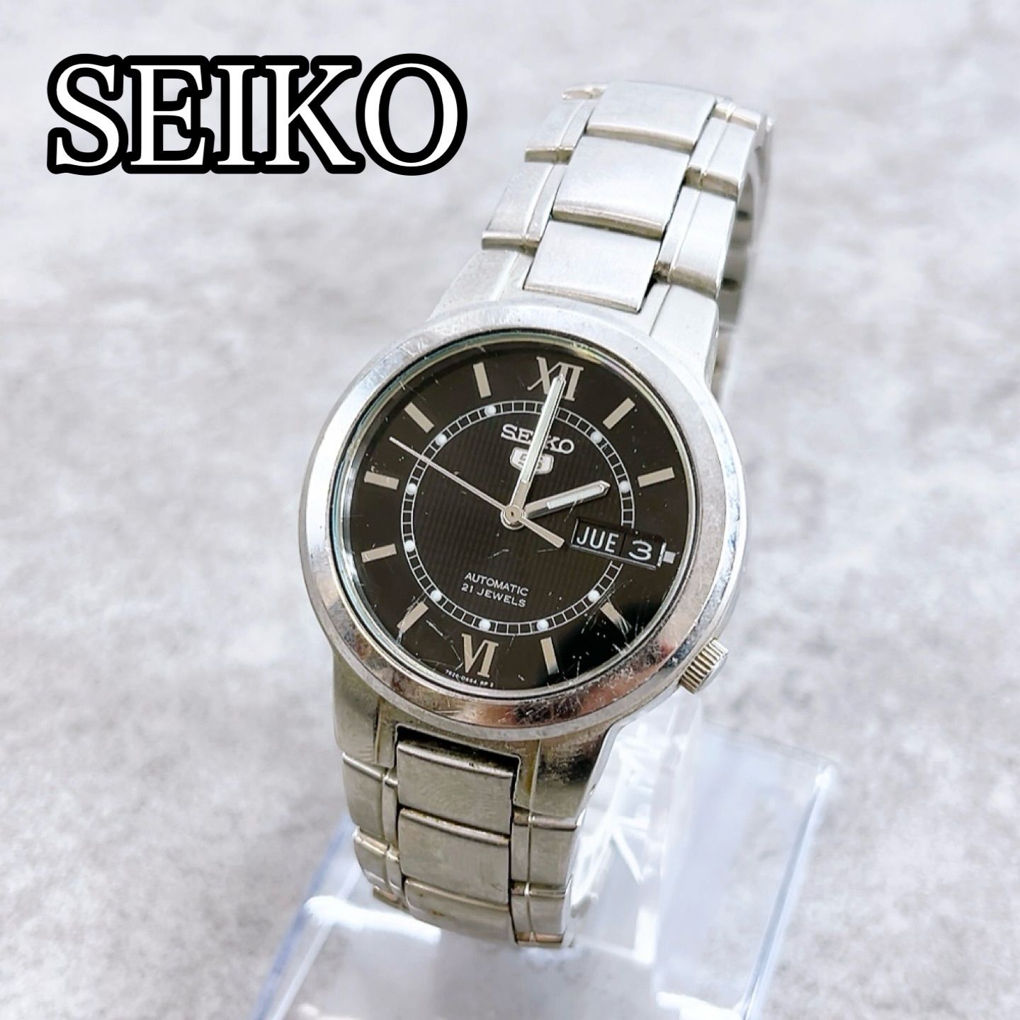H 475 SEIKO セイコー 5 自動巻き 腕時計 7S26 02N0 シルバー ブラック文字盤 動作品 デイデイト 裏スケ ステンレス メンズ