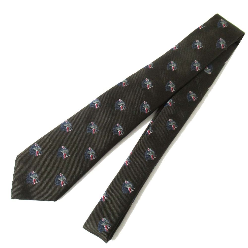美品 GUCCI グッチ ミケーレ期 オオカミジャガード シルク ネクタイ カーキ メンズ 古着 中古 USED