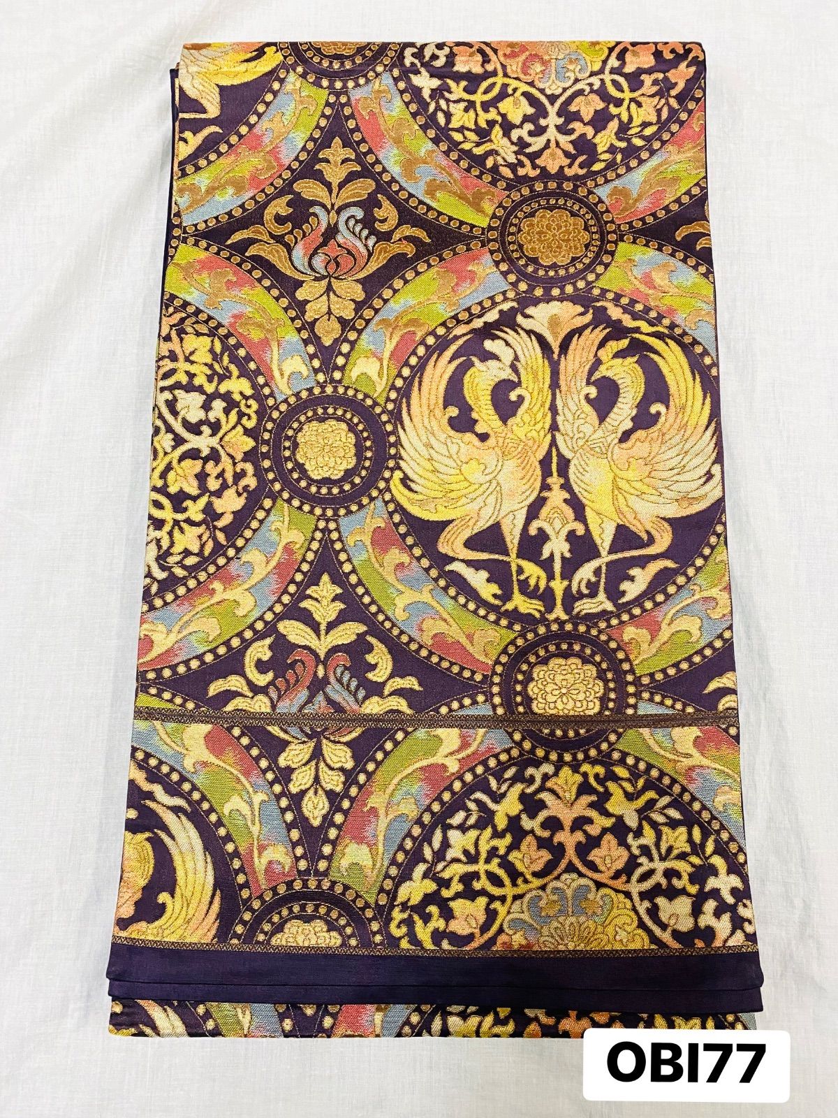 帯】袋帯 六通柄 正絹 金色 紫 金糸 鳳凰 花更紗 着物 和装 OBI 77