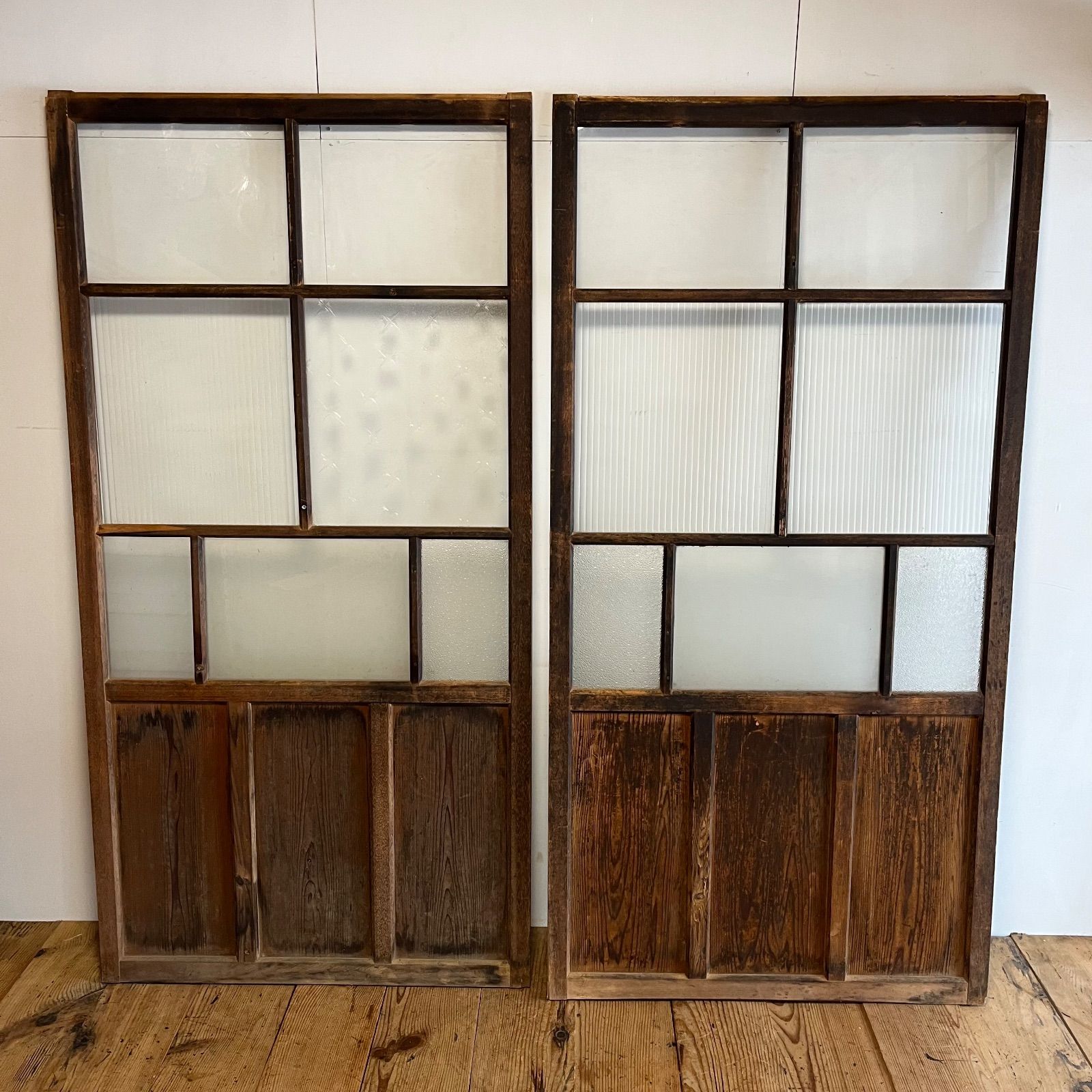 2枚セット アンティーク モールガラス 木枠 古建具 格子戸 すりガラス