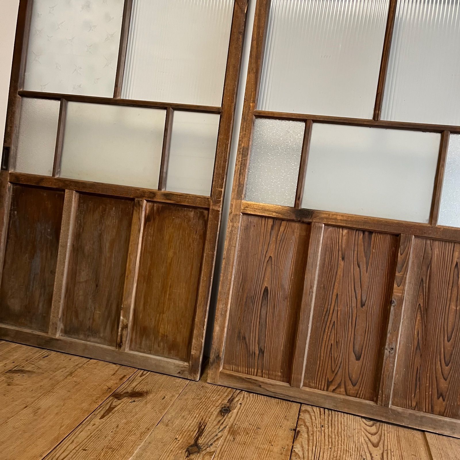 2枚セット アンティーク モールガラス 木枠 古建具 格子戸 すりガラス