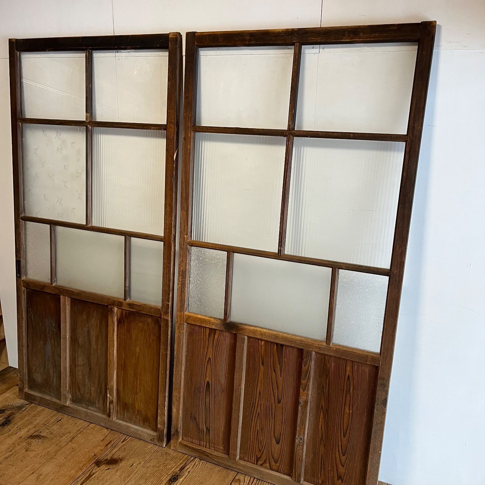 2枚セット アンティーク モールガラス 木枠 古建具 格子戸 すりガラス