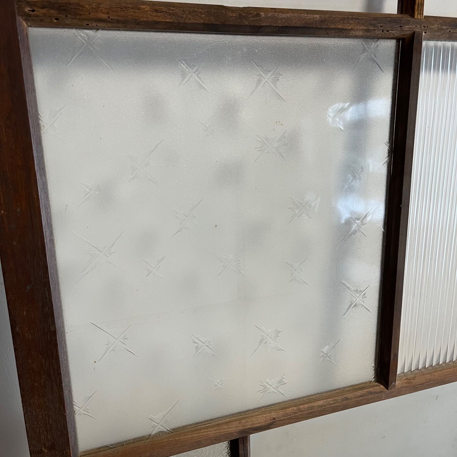 2枚セット アンティーク モールガラス 木枠 古建具 格子戸 すりガラス