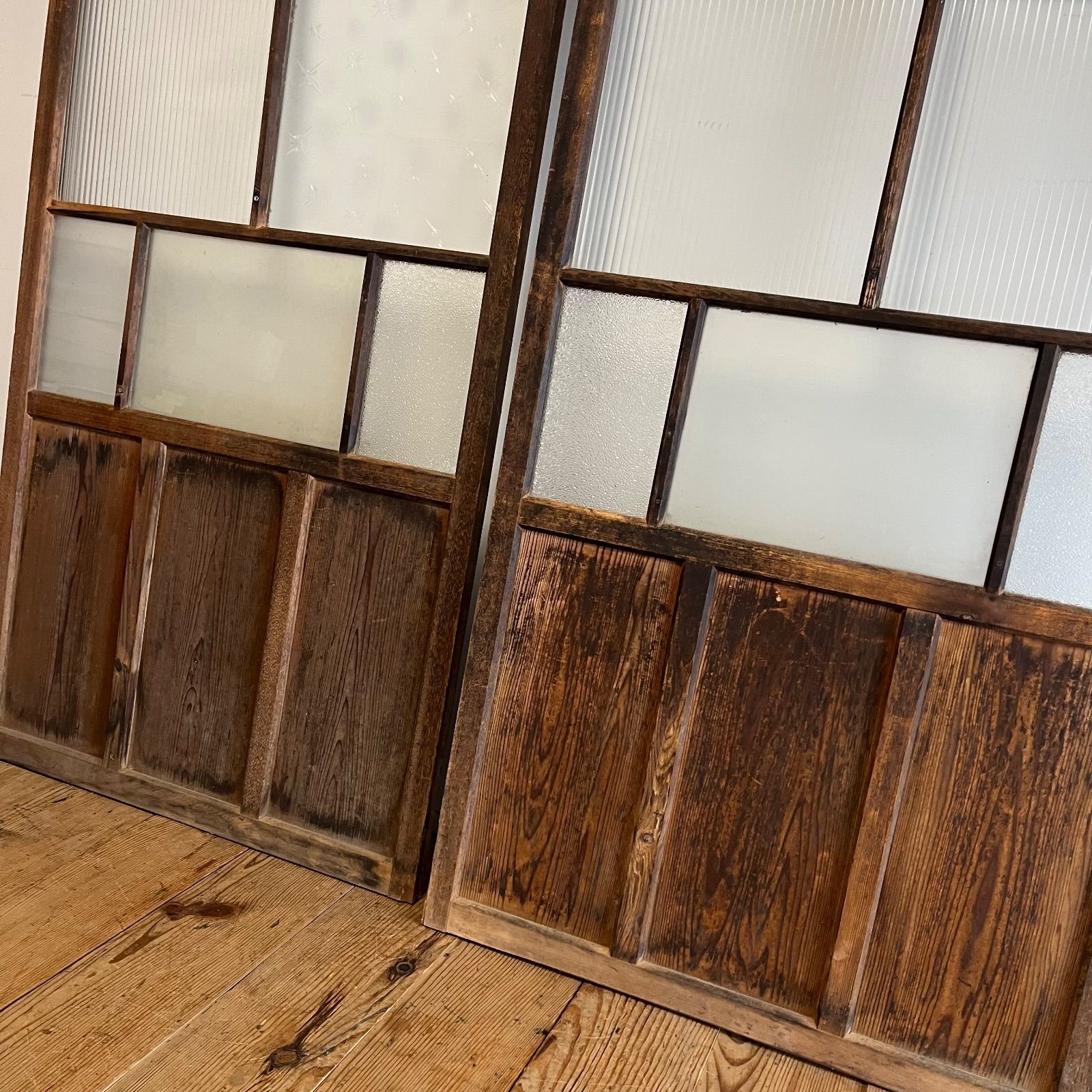 2枚セット アンティーク モールガラス 木枠 古建具 格子戸 すりガラス