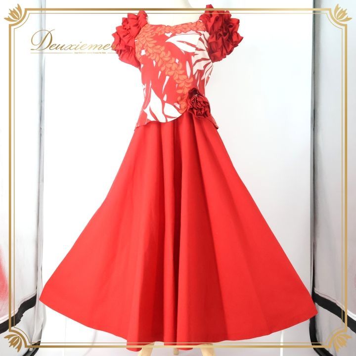 フラダンス 衣装 ワンピース ドレス レッド系 アビバーレ ハワイアン