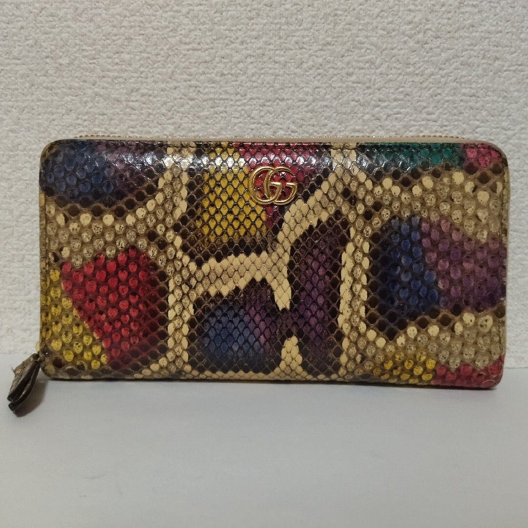 美品 グッチ GGマーモント パイソン ラウンドファスナー 長財布 456117