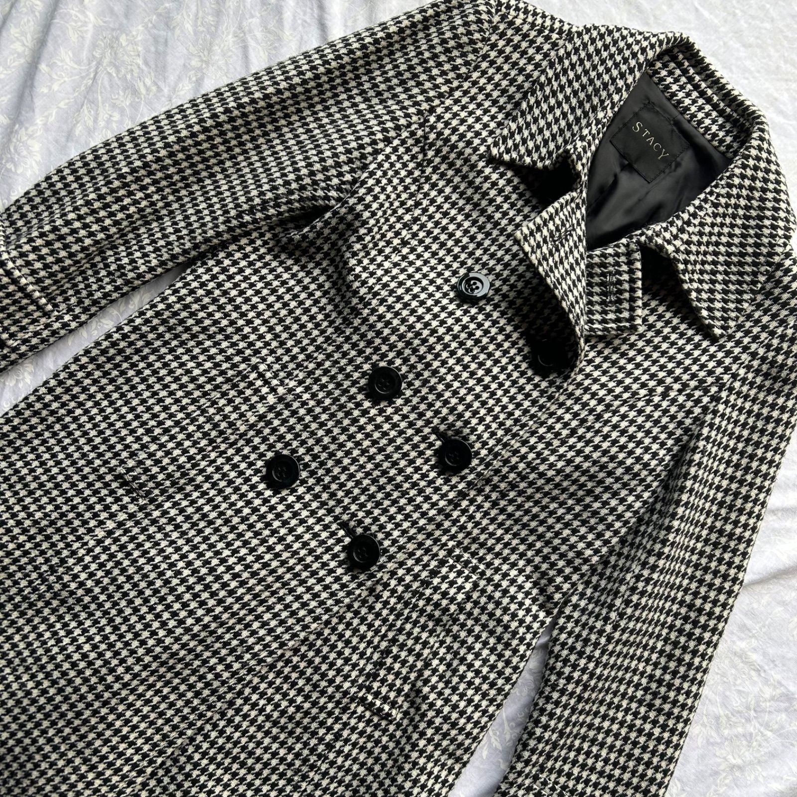 STACY 千鳥格子 ハウンドトゥース ダブルチェスターコート ロング丈