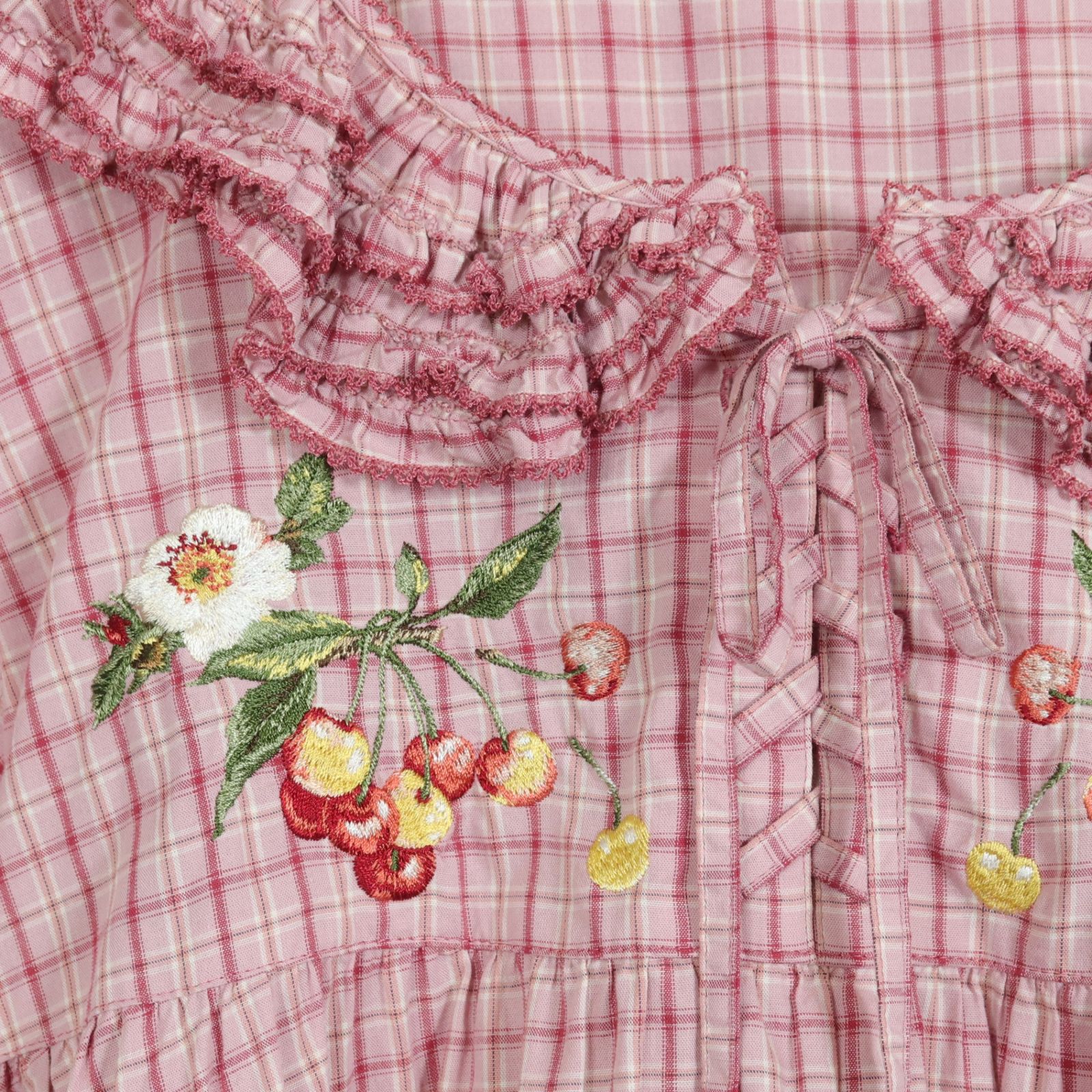 試着のみ】ピンクハウス 水色系チェック いちごレース チュニック