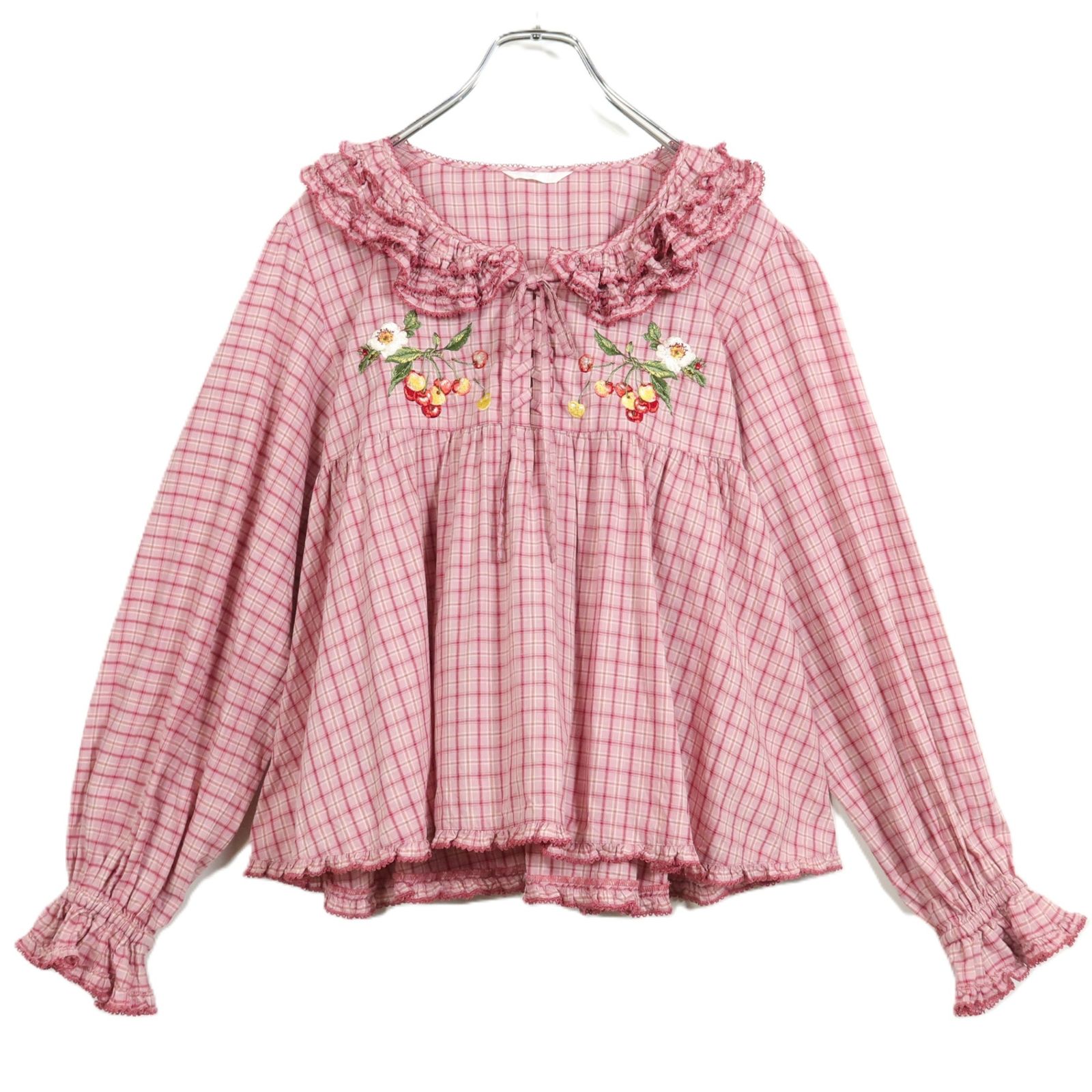極美品】ピンクハウス☆野ばらとチェリー刺繍♪タータンチェック