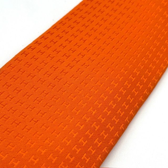 美品　エルメス　ネクタイ　ファソネ　H織　ソリッド　ジャガード　オレンジ エルメス ファソネ H ジャガード オレンジ 総柄 ネクタイ 01-15-14