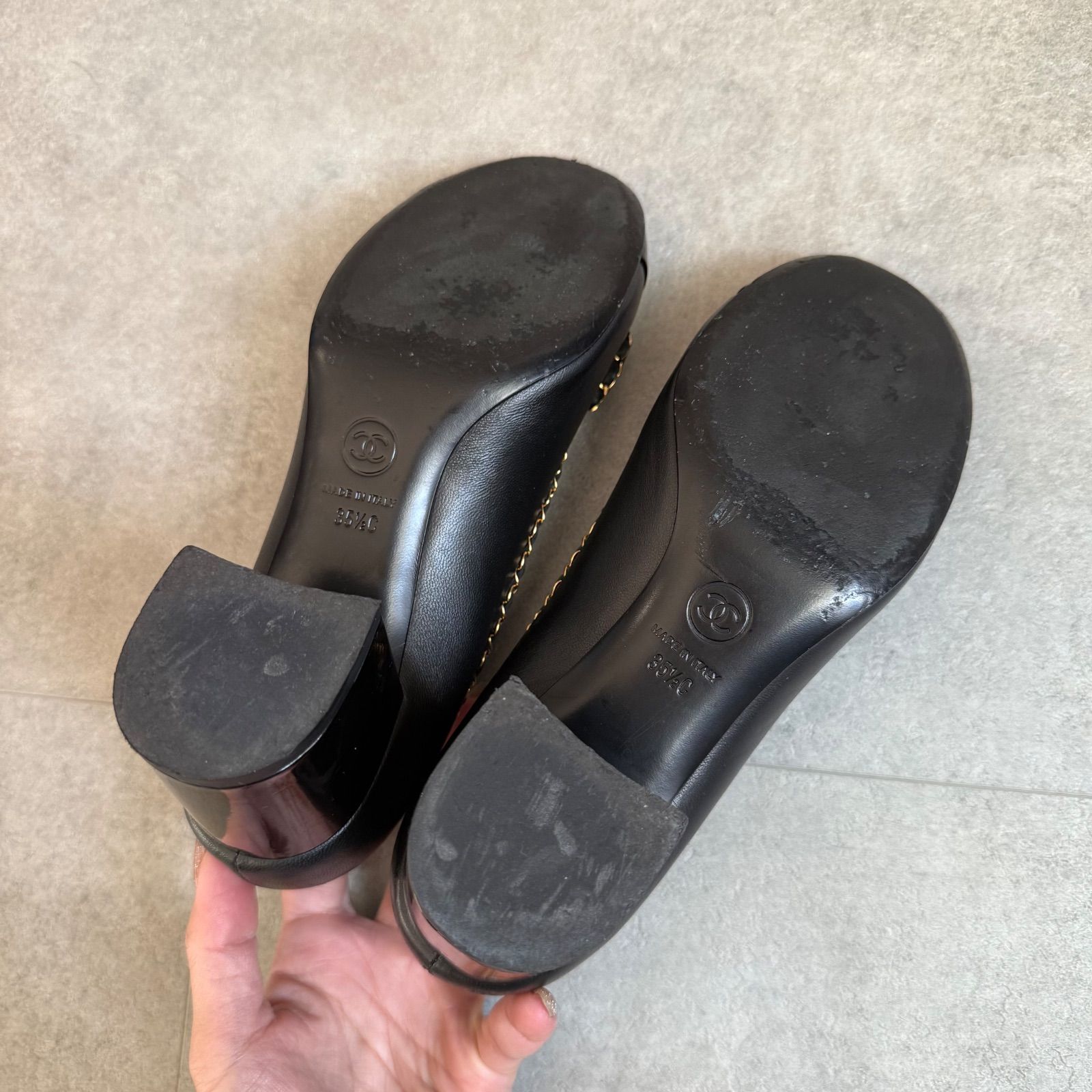 美品 CHANEL シャネル ココマーク チェーンリボンパンプス レザー