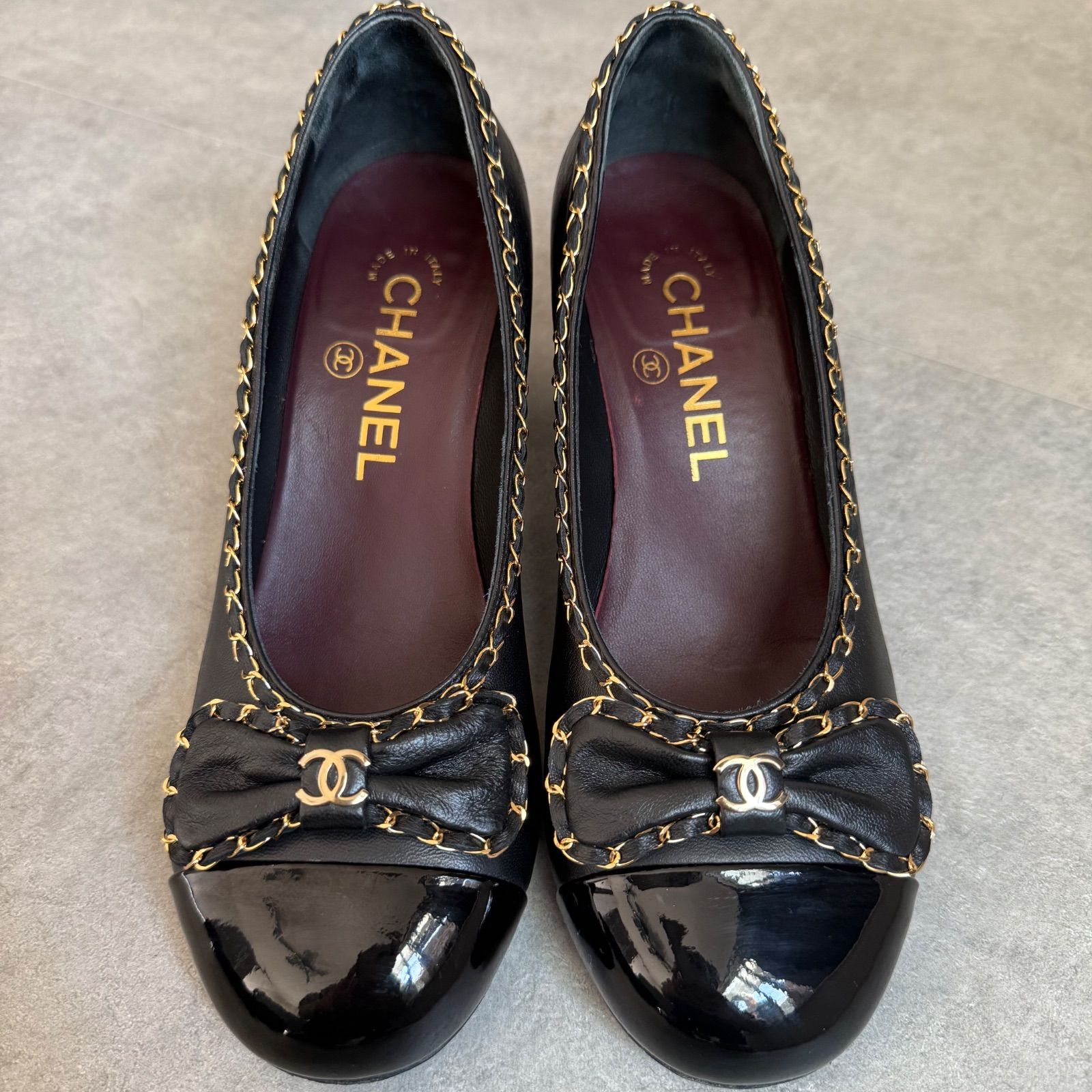 美品 CHANEL シャネル ココマーク チェーンリボンパンプス レザー