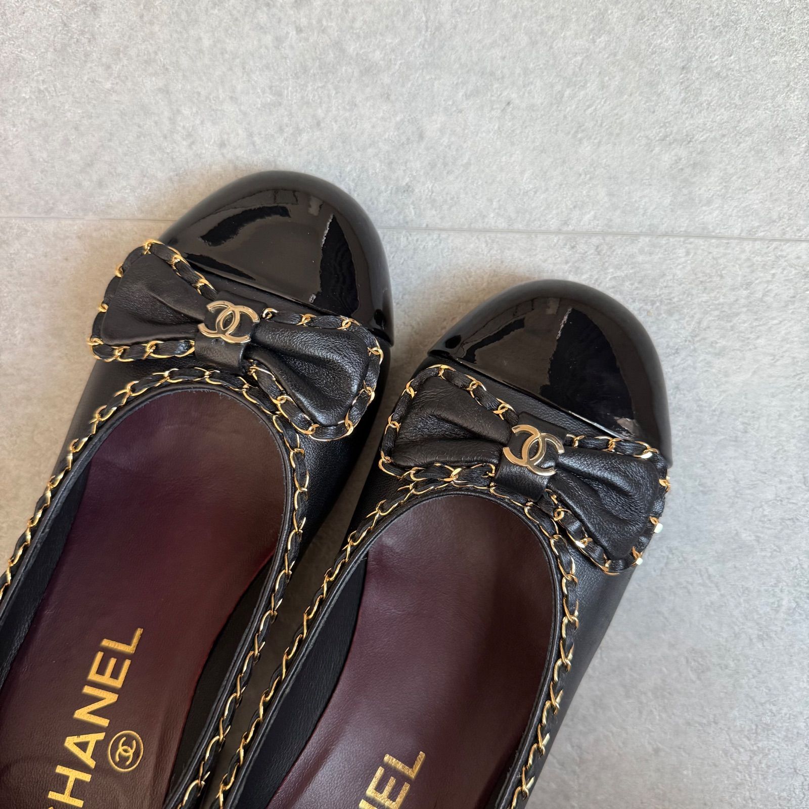 美品 CHANEL シャネル ココマーク チェーンリボンパンプス レザー