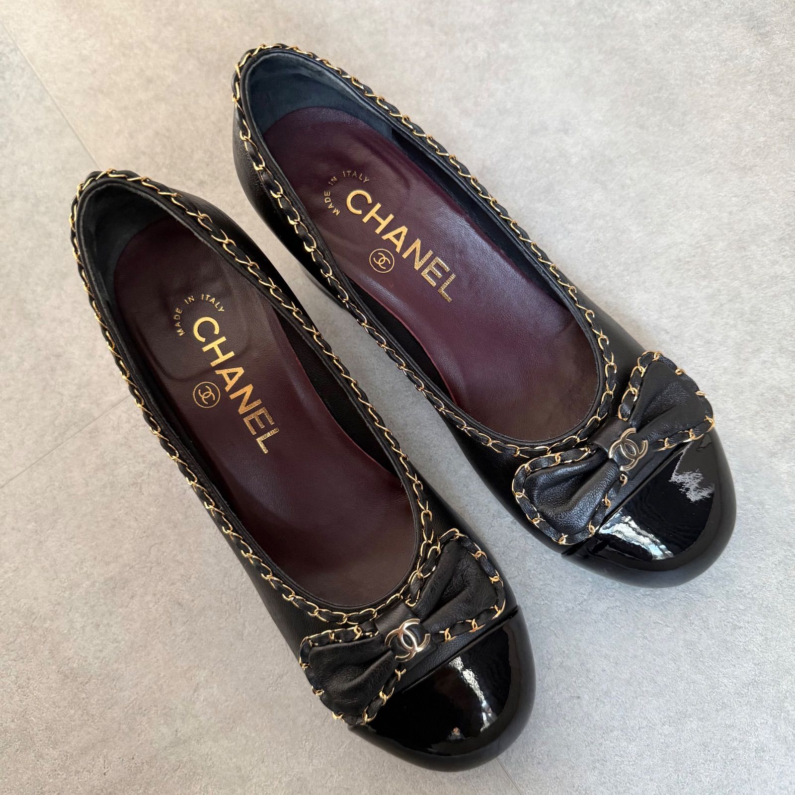 美品 CHANEL シャネル ココマーク チェーンリボンパンプス レザー