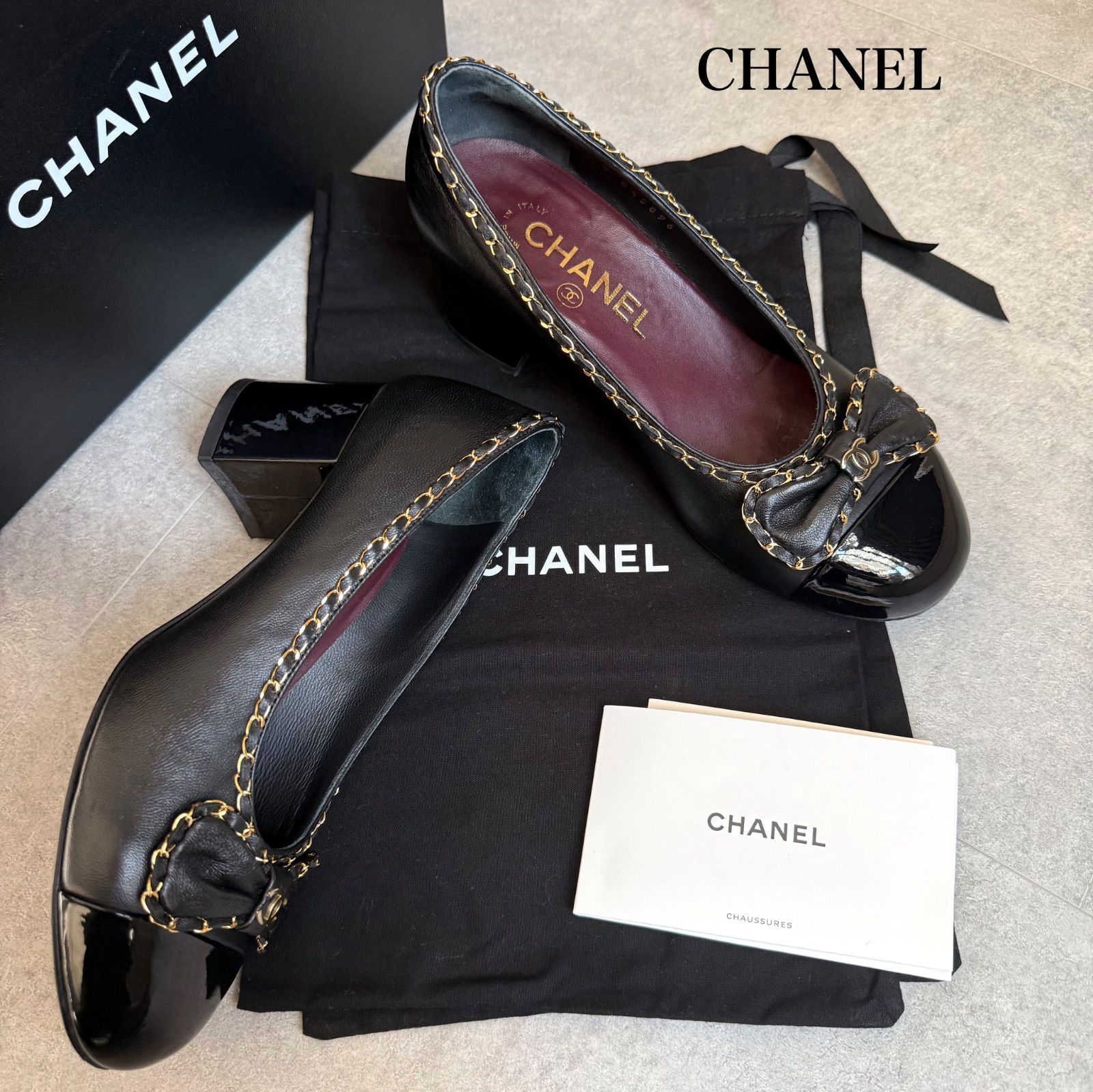 シャネル CHANEL ココマーク リボン パンプス 美品 CHANEL シャネル ココマーク チェーンリボンパンプス レザー
