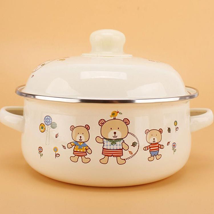 16cm ホーロー鍋 両手鍋 深型 ふた付き IH対応 ガス火 花柄 クマ柄