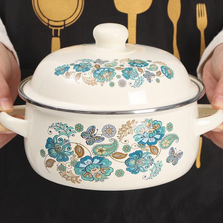 16cm ホーロー鍋 両手鍋 深型 ふた付き IH対応 ガス火 花柄 クマ柄