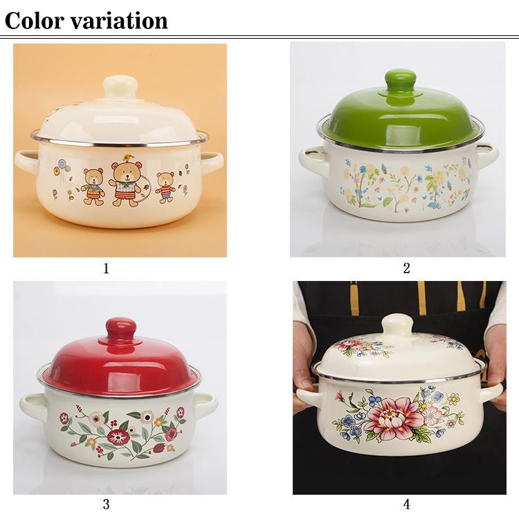 16cm ホーロー鍋 両手鍋 深型 ふた付き IH対応 ガス火 花柄 クマ柄