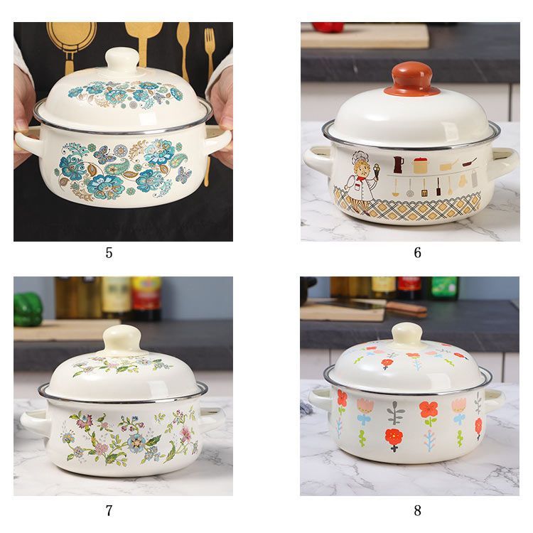 16cm ホーロー鍋 両手鍋 深型 ふた付き IH対応 ガス火 花柄 クマ柄