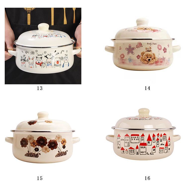16cm ホーロー鍋 両手鍋 深型 ふた付き IH対応 ガス火 花柄 クマ柄