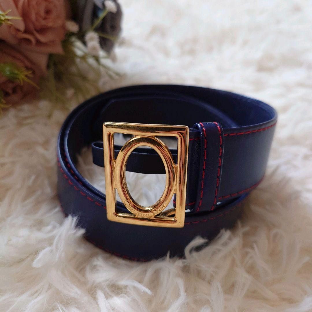 ✨美品✨クリスチャンディオール ベルト ネイビー ゴールド金具 男女兼用 本革 希少 クリスチャン ディオール Dior ロゴ ゴールド 金 バックル ベルト