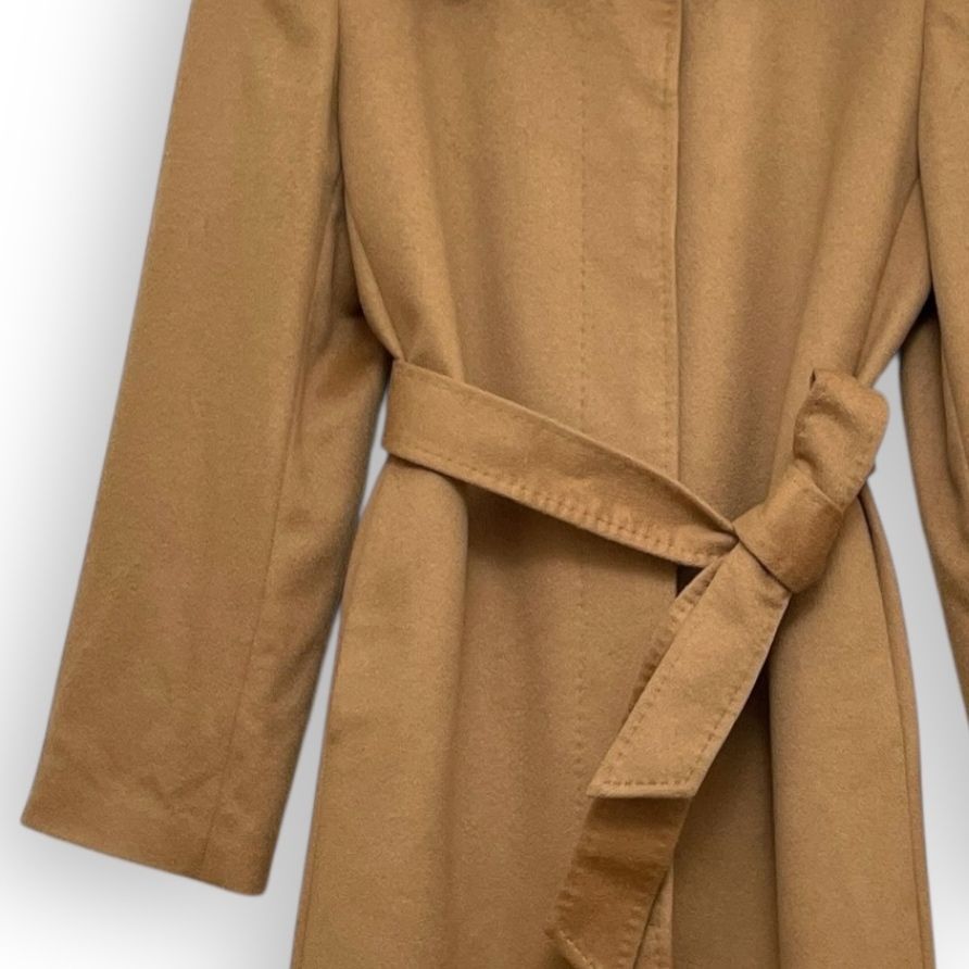 【中古】バルマン BALMAIN コート ファー 襟 無地 シルク サイズ9 ブラウン QQQ BALMAN バルマン カシミア シルク ファー襟 ロング コート ベルト付き