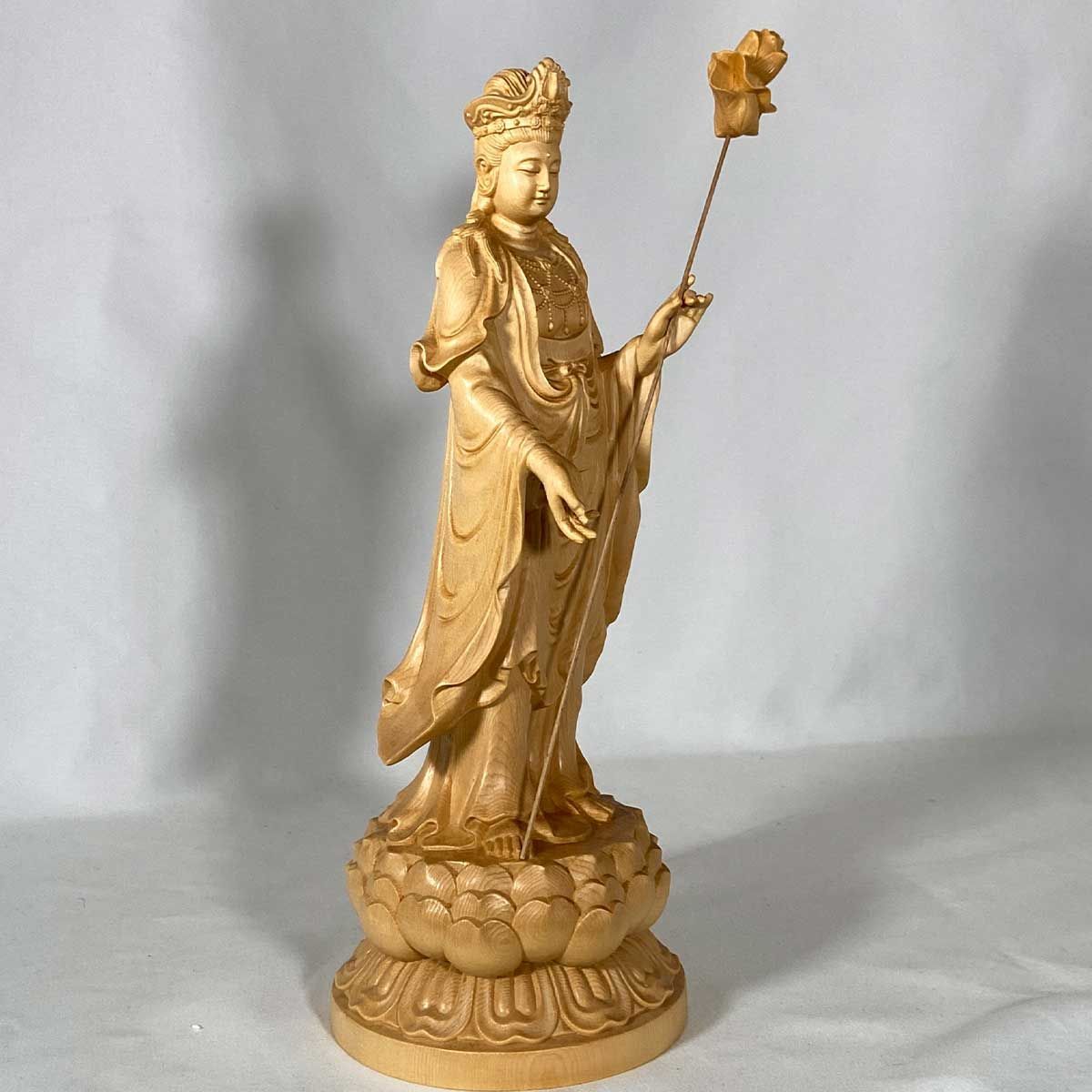 観世音大菩薩 木箱付 恋山作 大勢至菩薩像 約30cm 桧木｜立像 仏壇用 十一面観音 専用収納箱付き