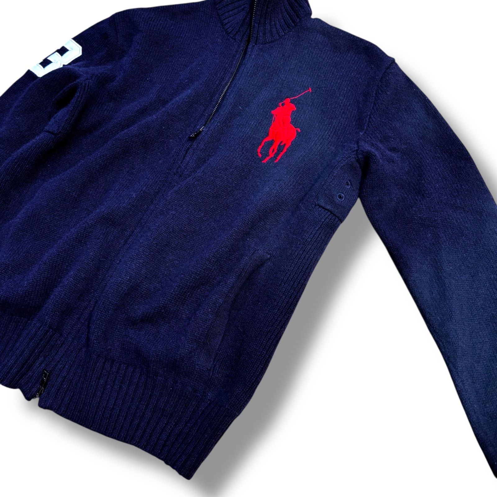 ポロラルフローレン ビッグポニー刺繍 ニューヨーク ダブルジップアップニットXL Ralph Lauren】90's ビッグポニー 刺繍 ナンバリング ジップアップ