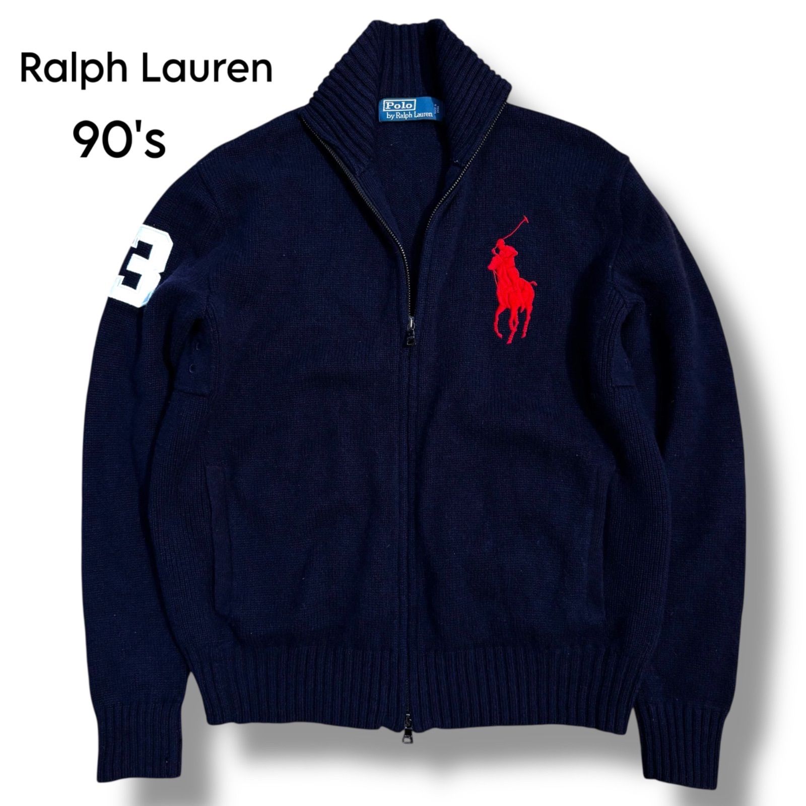 ポロラルフローレン ビッグポニー刺繍 ニューヨーク ダブルジップアップニットXL Ralph Lauren】90's ビッグポニー 刺繍 ナンバリング ジップアップ