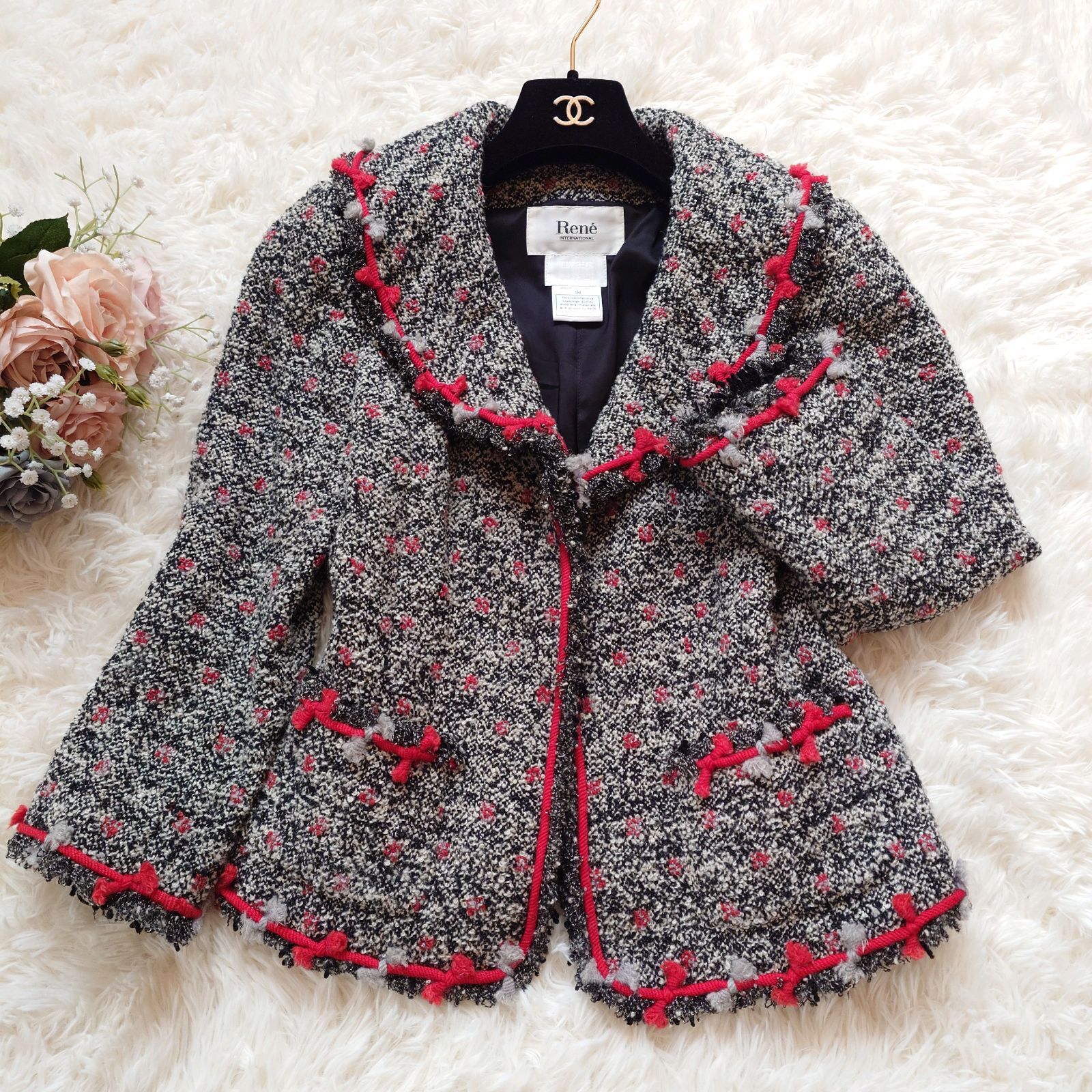 ルネ Rene TISSUE社製 ツイード ショールカラー ジャケット グレー 36