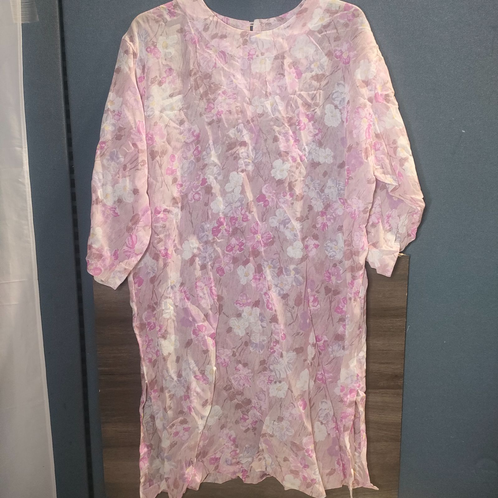 33 [Remake] Japanese Pattern Old Cloth Pink Dress Chiffon Floral Top Coat Thin Layered Kimono Handmade Antique Vintage Japanese Clothes Yukata Handmade Japanese Clothes Showa Retro Women's Clothing One Piece JAPAN Japan Long Sleeve Retro