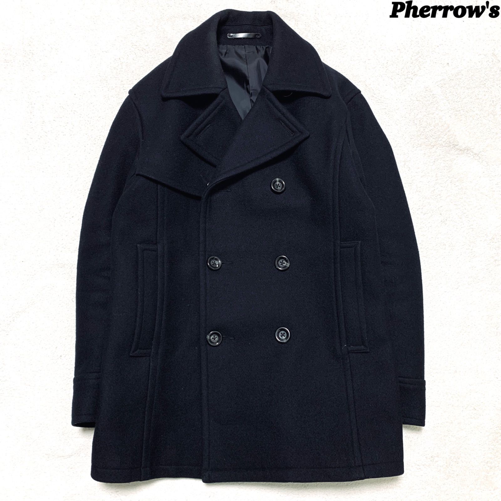 Pherrow's フェローズ ピーコート Lウール 黒 ダブル レザー 短丈