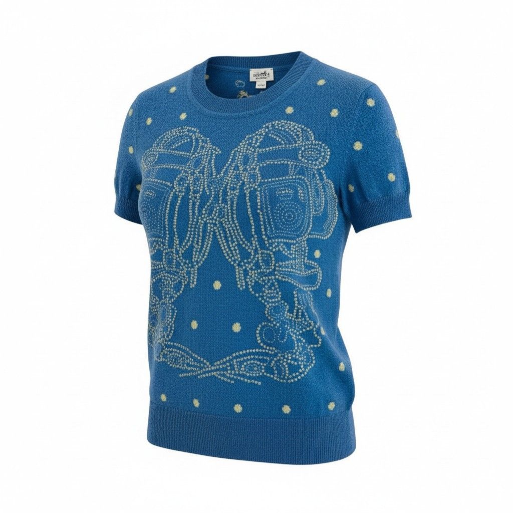 HERMES エルメス カーディガン ニット セーター トップス 半袖 カシミヤ100% ブルー 青 #34 57a13 HERMES エルメス BRIDES DE GALA 半袖ニットセーター カシミヤ