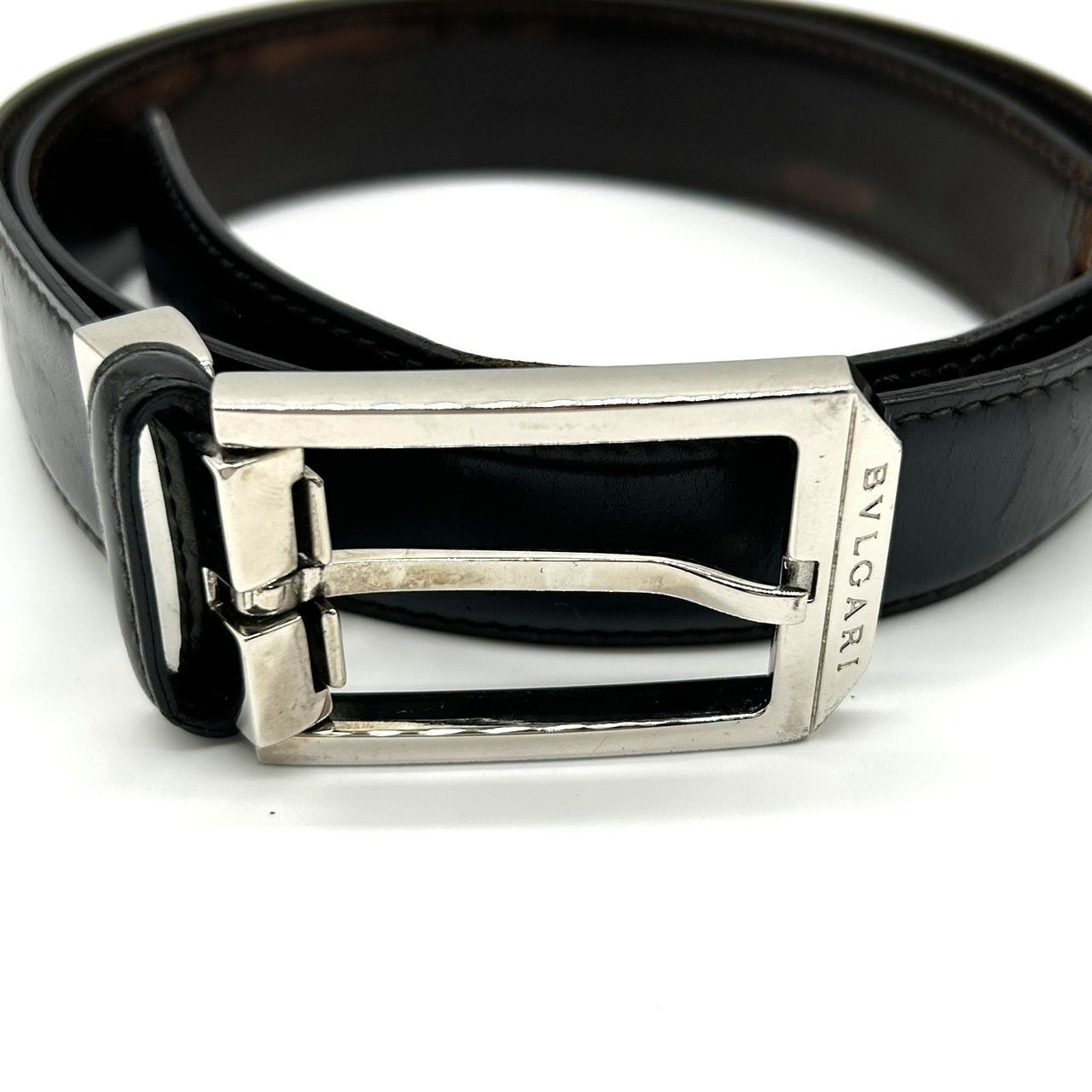 BVLGARI ブルガリ レザーベルト ブラック シルバー金具 イタリア製