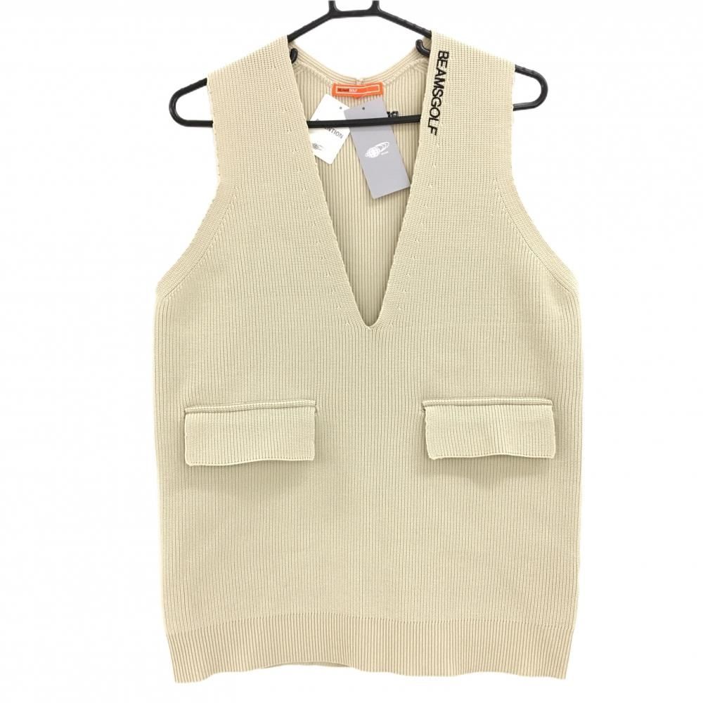新品　 ビームスゴルフ　綿入りベスト　ベージュ 新品】ビームスゴルフ ニットベスト ベージュ Vネック 前ポケット