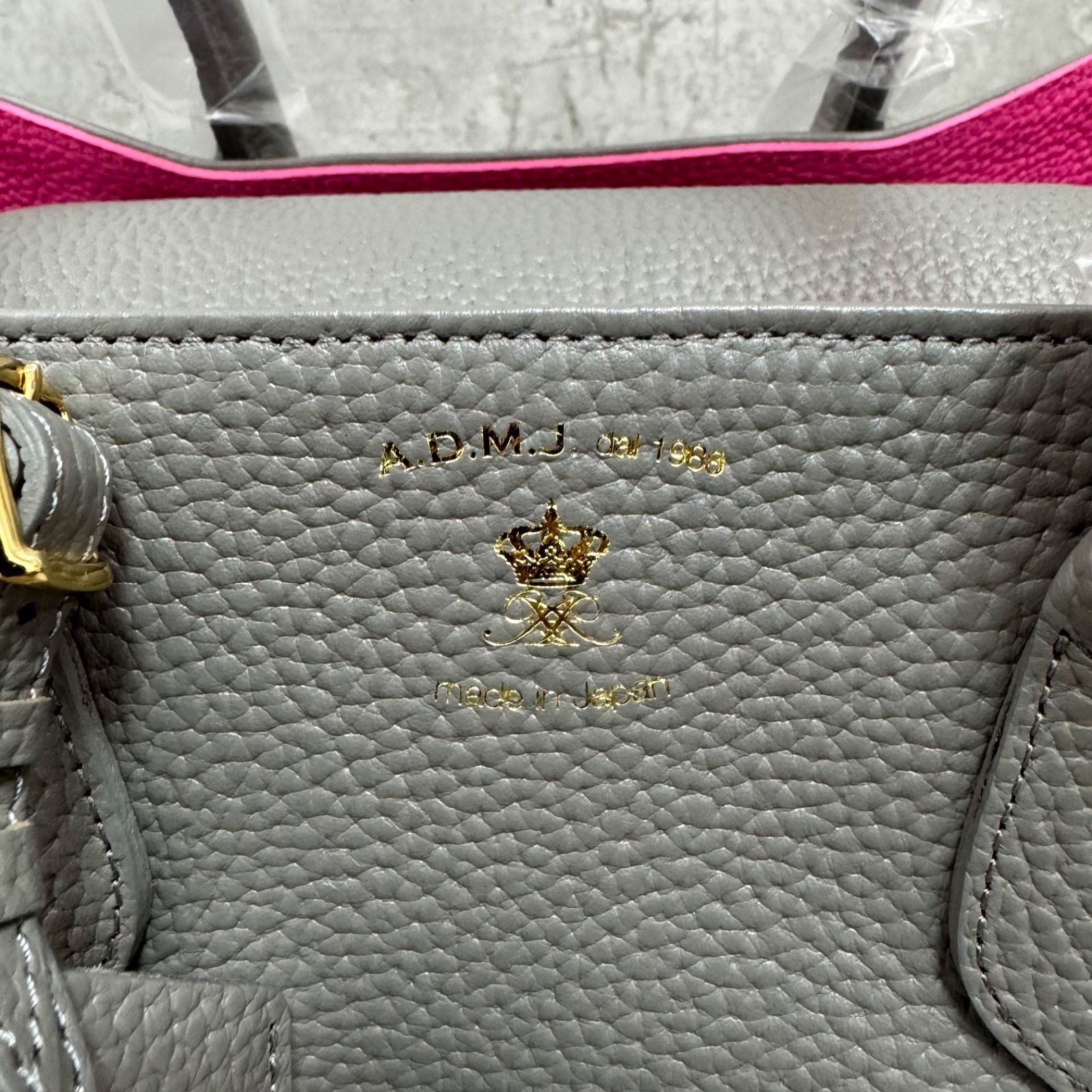 未使用】A.D.M.J トートバッグ ハンドバッグ グレー ピンク レザー