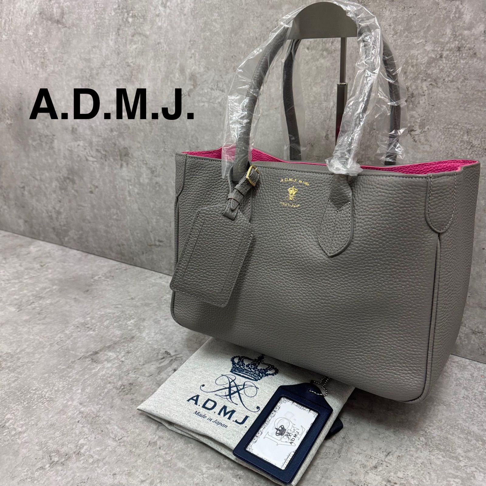 未使用】A.D.M.J トートバッグ ハンドバッグ グレー ピンク レザー