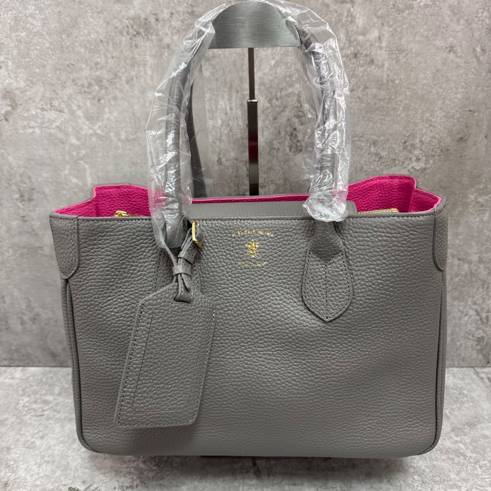 美品　ADMJ ハンドバッグ　グレー　レザー 保存袋　クロシェット　レディース 未使用】A.D.M.J トートバッグ ハンドバッグ グレー ピンク レザー