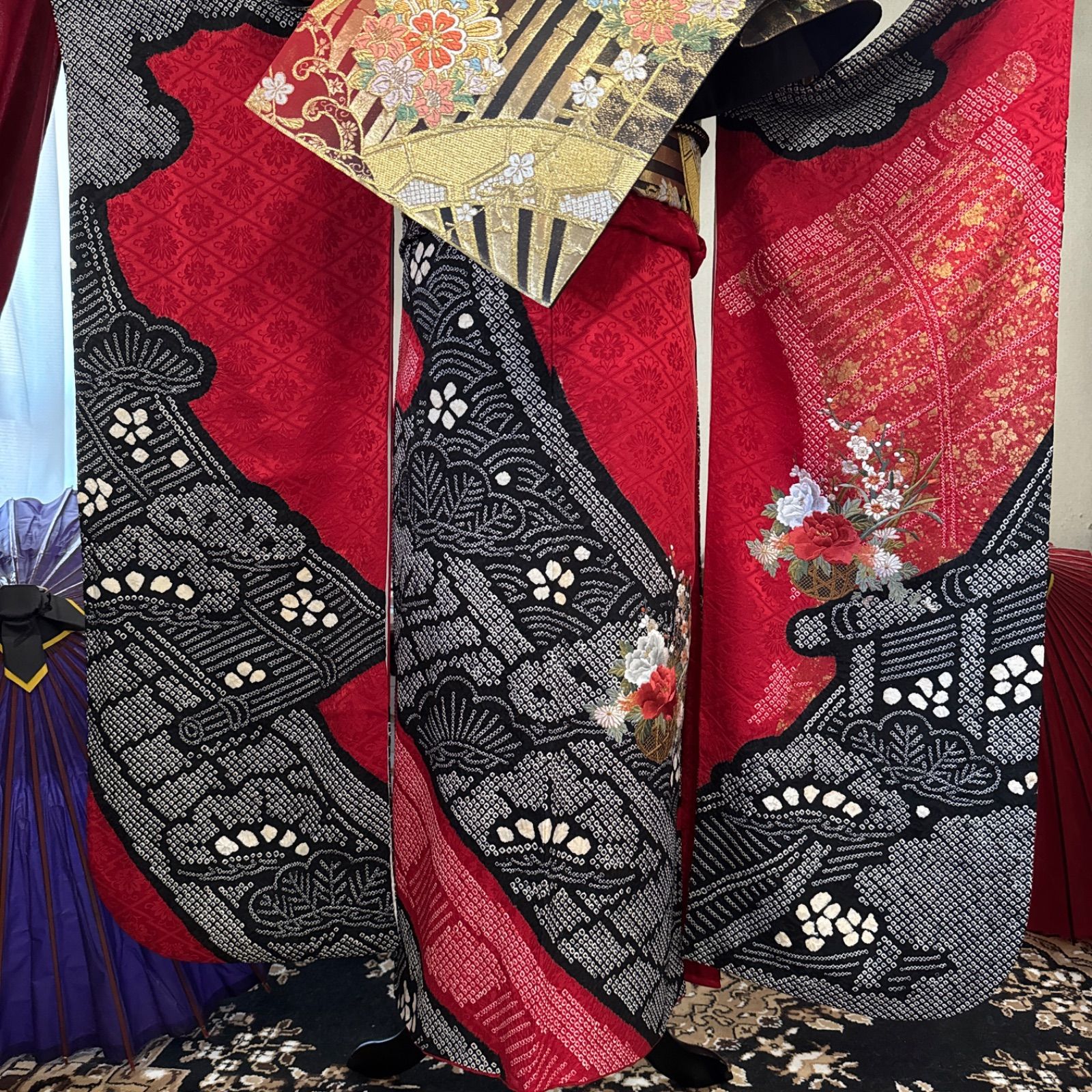 豪華振袖セット(4点)・袋帯・重ね衿・帯揚げ・花車・鹿の子絞り・手