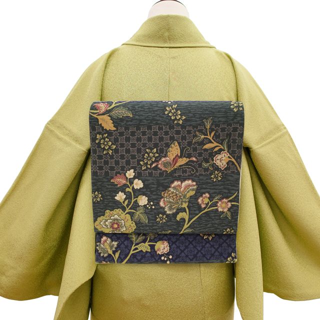 袋帯 正絹 リサイクル 京都 西陣 となみ織物 となみ帯 紹巴 深緑 濃青 グレー 花更紗柄 蝶 金箔糸 中古 仕立て上がり みやがわ sb54948 中古】 袋帯 正絹 リサイクル 京都 西陣 となみ織物 となみ帯 紹巴