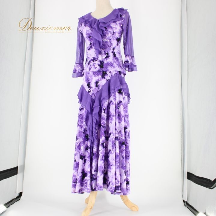 【社交ダンス衣装】上下セット ICHIOKU 黒 紫 ブラック パープル 花柄 社交ダンス 衣装 スタンダード 上下セット ツーピース レッスンウェア