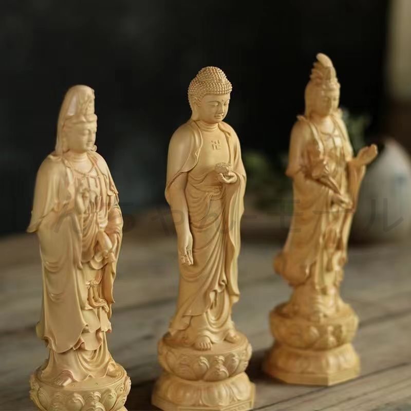 仏教美術 阿弥陀如来 観音菩薩 大勢至菩薩像 三尊立像 ツゲ 木彫仏像