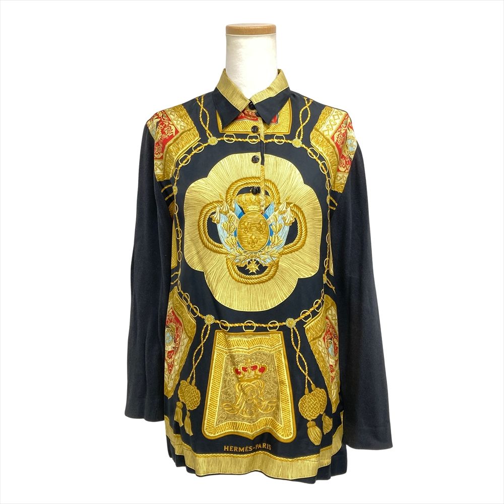 エルメス HERMES シルク ニット 切り替え ブラウス プルオーバー L エルメス HERMES ニット切替 シルクブラウス ブラウス シルク ブラック